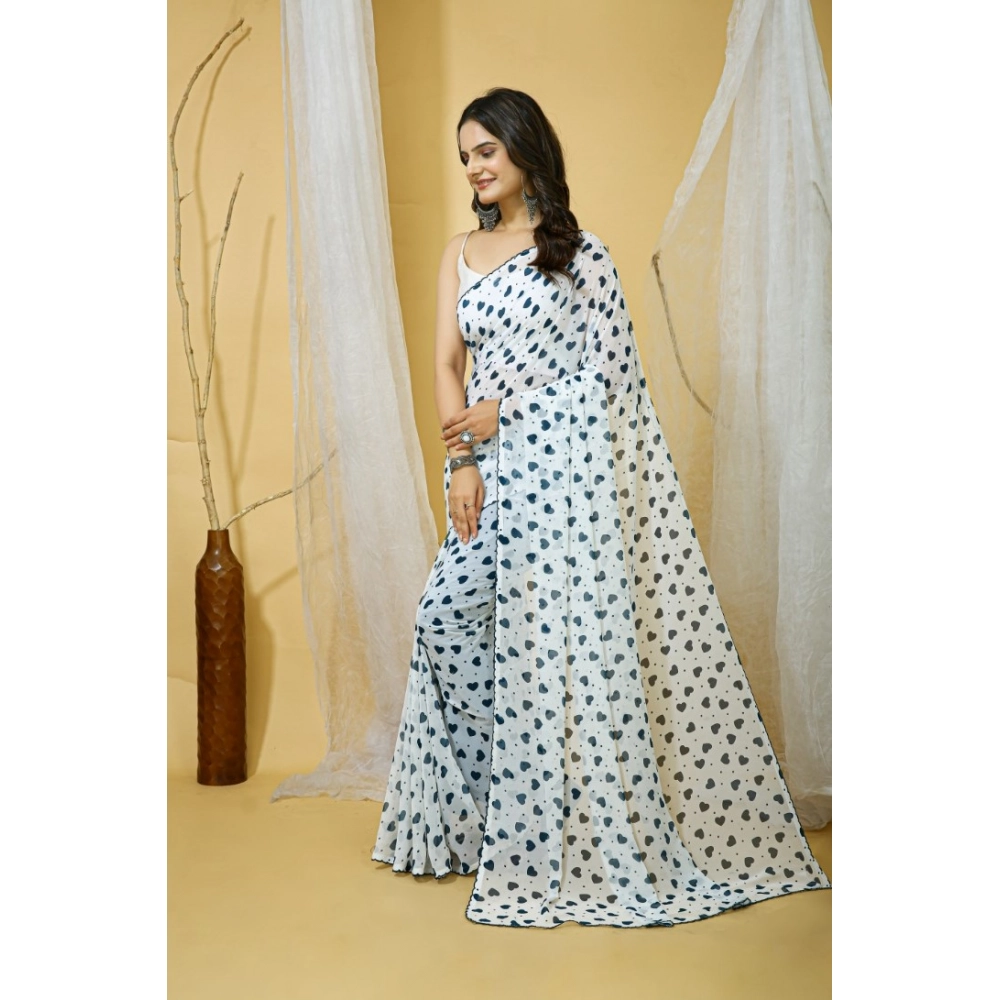 Women's Georgette Printed Saree With Unstitched Blouse 5.5Mtr (White) - Image 4