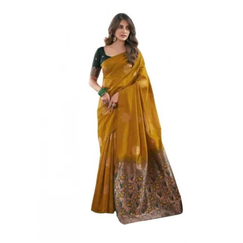 Women's Soft Lichi Silk Printed Saree With Unstitched Blouse 5.5Mtr (Mustard?)