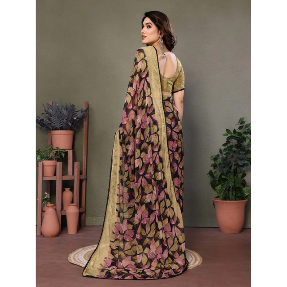 Women's Chiffon Printed Saree With Unstitched Blouse 5.5Mtr?(Beige) - Image 2