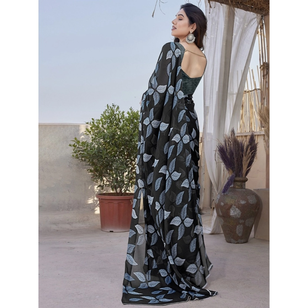 Women's Chiffon Printed Saree With Unstitched Blouse 5.5Mtr?(Black) - Image 2