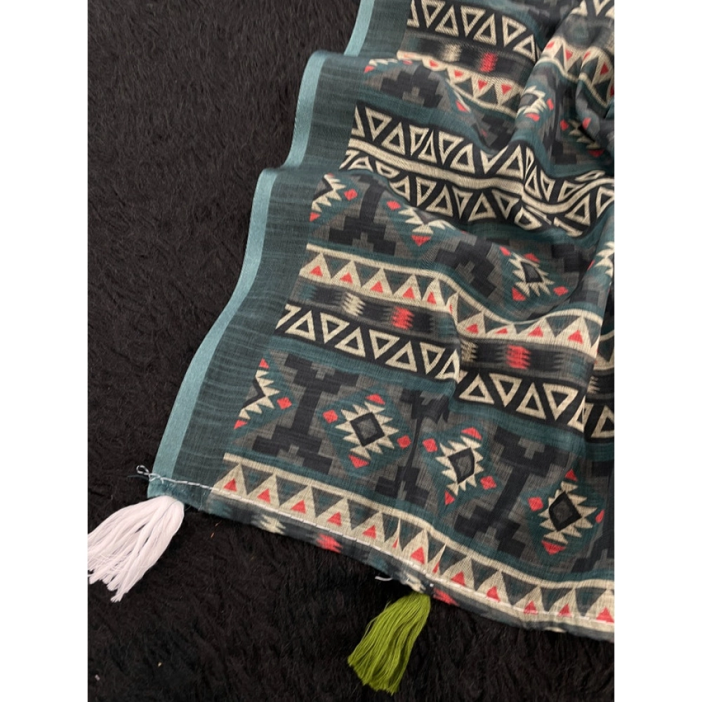 Women's Linen Cotton Printed Saree With Unstitched Blouse 5.5Mtr?(Blue) - Image 3