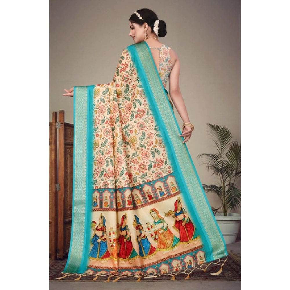 Women's Cotton Silk Printed Saree With Unstitched Blouse 5.5Mtr?(Sky Blue) - Image 2