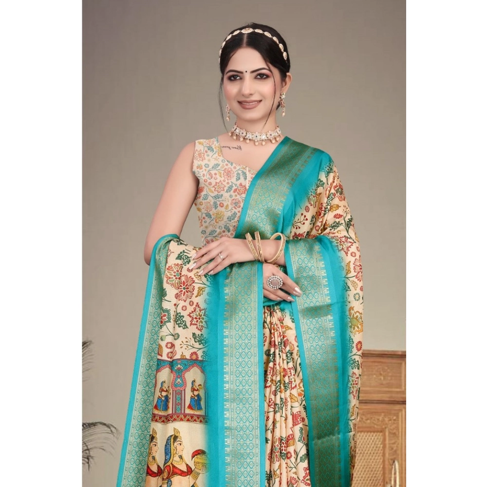Women's Cotton Silk Printed Saree With Unstitched Blouse 5.5Mtr?(Sky Blue) - Image 3