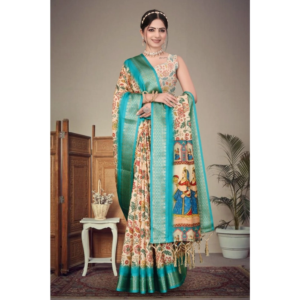 Women's Cotton Silk Printed Saree With Unstitched Blouse 5.5Mtr?(Sky Blue) - Image 4