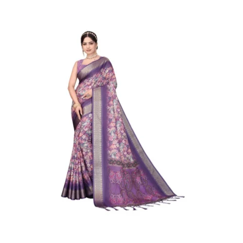 Women's Cotton Silk Printed Saree With Unstitched Blouse 5.5Mtr?(Purple)