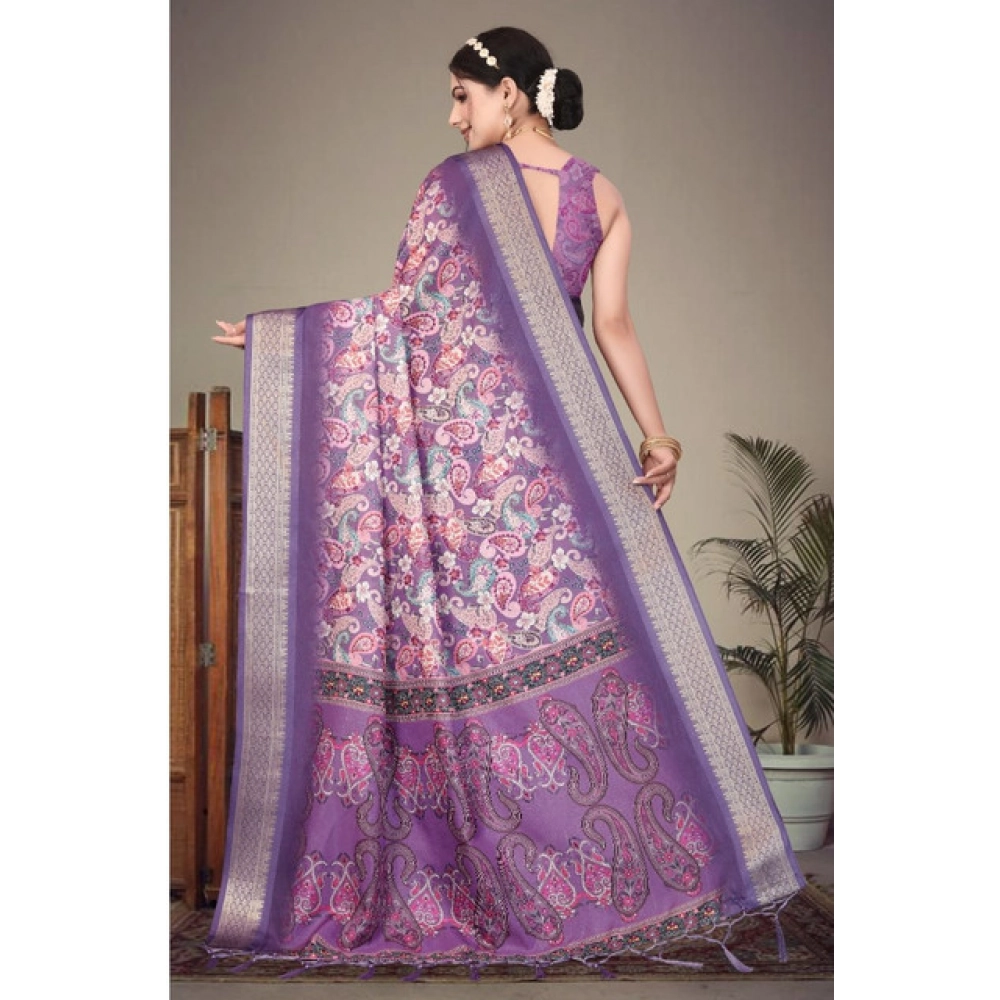 Women's Cotton Silk Printed Saree With Unstitched Blouse 5.5Mtr?(Purple) - Image 2