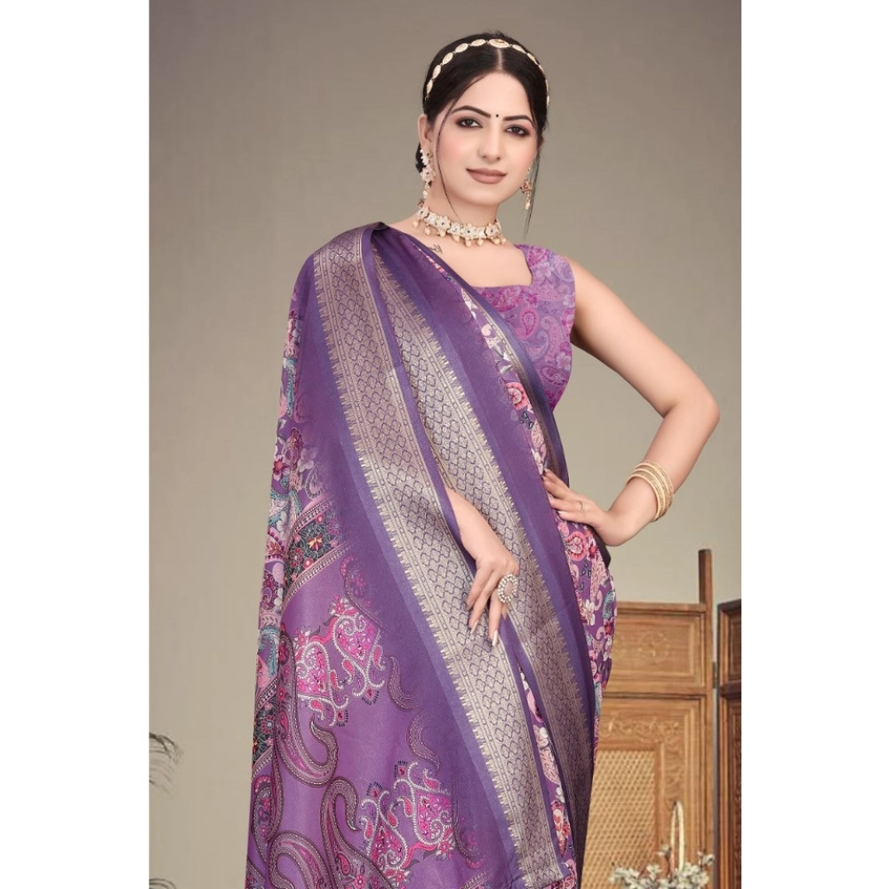 Women's Cotton Silk Printed Saree With Unstitched Blouse 5.5Mtr?(Purple) - Image 3