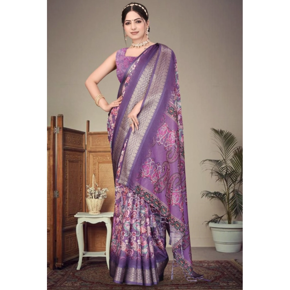 Women's Cotton Silk Printed Saree With Unstitched Blouse 5.5Mtr?(Purple) - Image 4