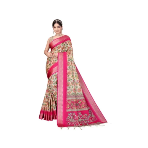 Women's Cotton Silk Printed Saree With Unstitched Blouse 5.5Mtr?(Pink)