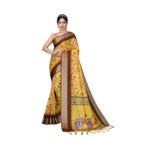 Women's Cotton Silk Printed Saree With Unstitched Blouse 5.5Mtr?(Yellow)