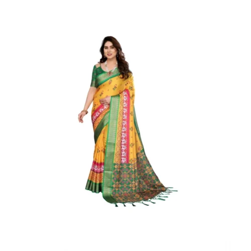 Women's Cotton Silk Printed Saree With Unstitched Blouse 5.5Mtr?(Yellow)