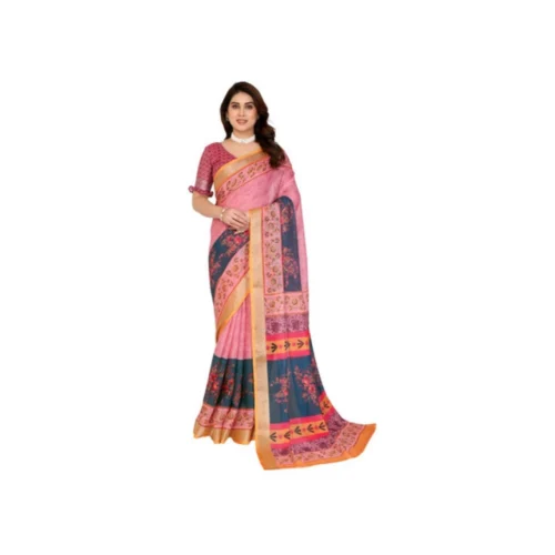 Women's Linen Cotton Printed Saree With Unstitched Blouse 5.5Mtr?(Pink)