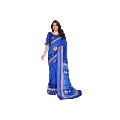 Women's Linen Cotton Printed Saree With Unstitched Blouse 5.5Mtr?(Blue)