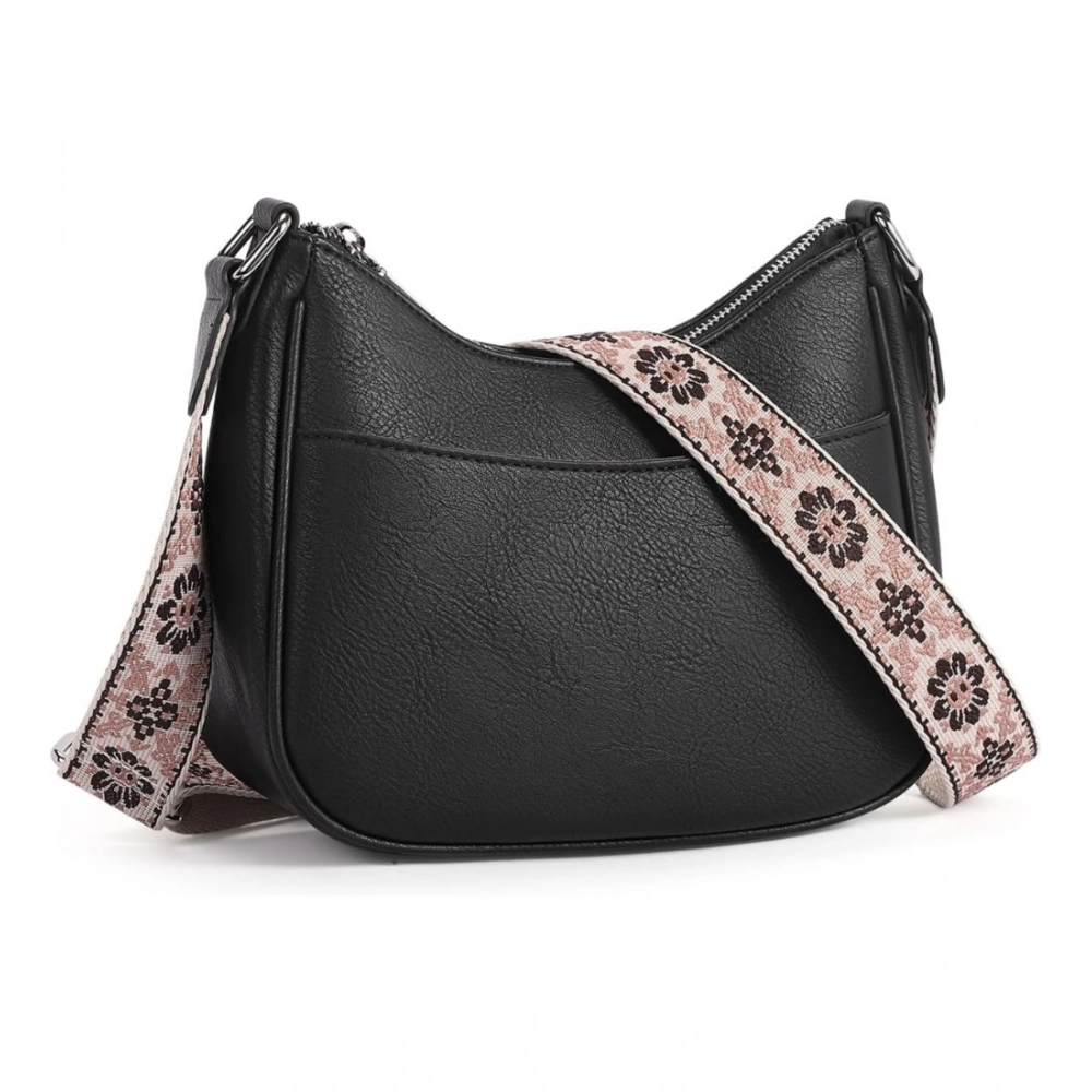 Women's PU Leather Zipper Sling Bag (Black)
