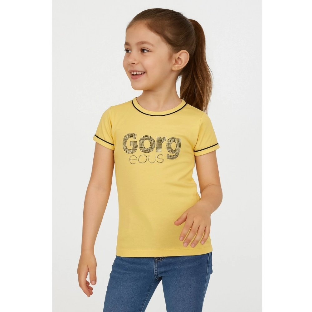 Girl's Cotton Printeded Round Neck T-Shirt (Yellow) - Image 3