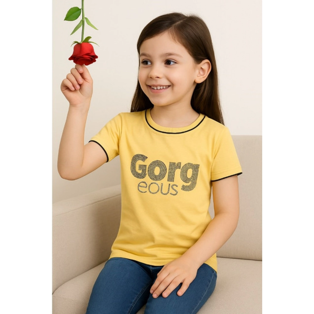 Girl's Cotton Printeded Round Neck T-Shirt (Yellow) - Image 4
