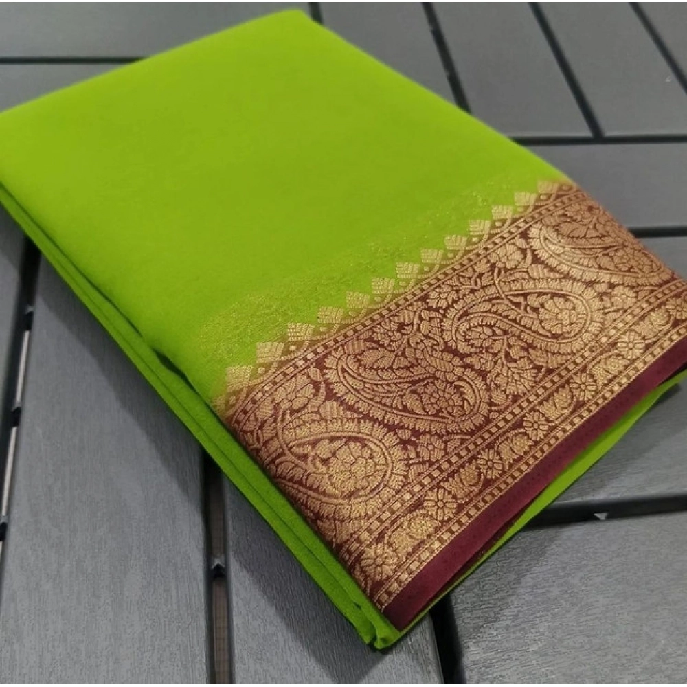 Women's Crepe Chit Pallu Solid Saree With Unstitched Blouse 5.5Mtr?(Green)