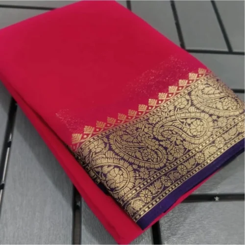 Women's Crepe Chit Pallu Solid Saree With Unstitched Blouse 5.5Mtr?(Red)