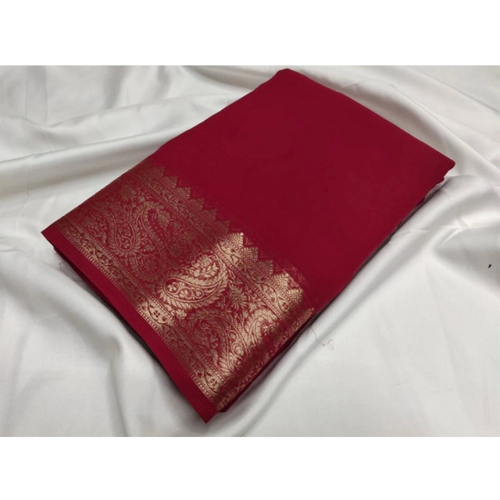 Women's Crepe Chit Pallu Solid Saree With Unstitched Blouse 5.5Mtr?(Maroon)