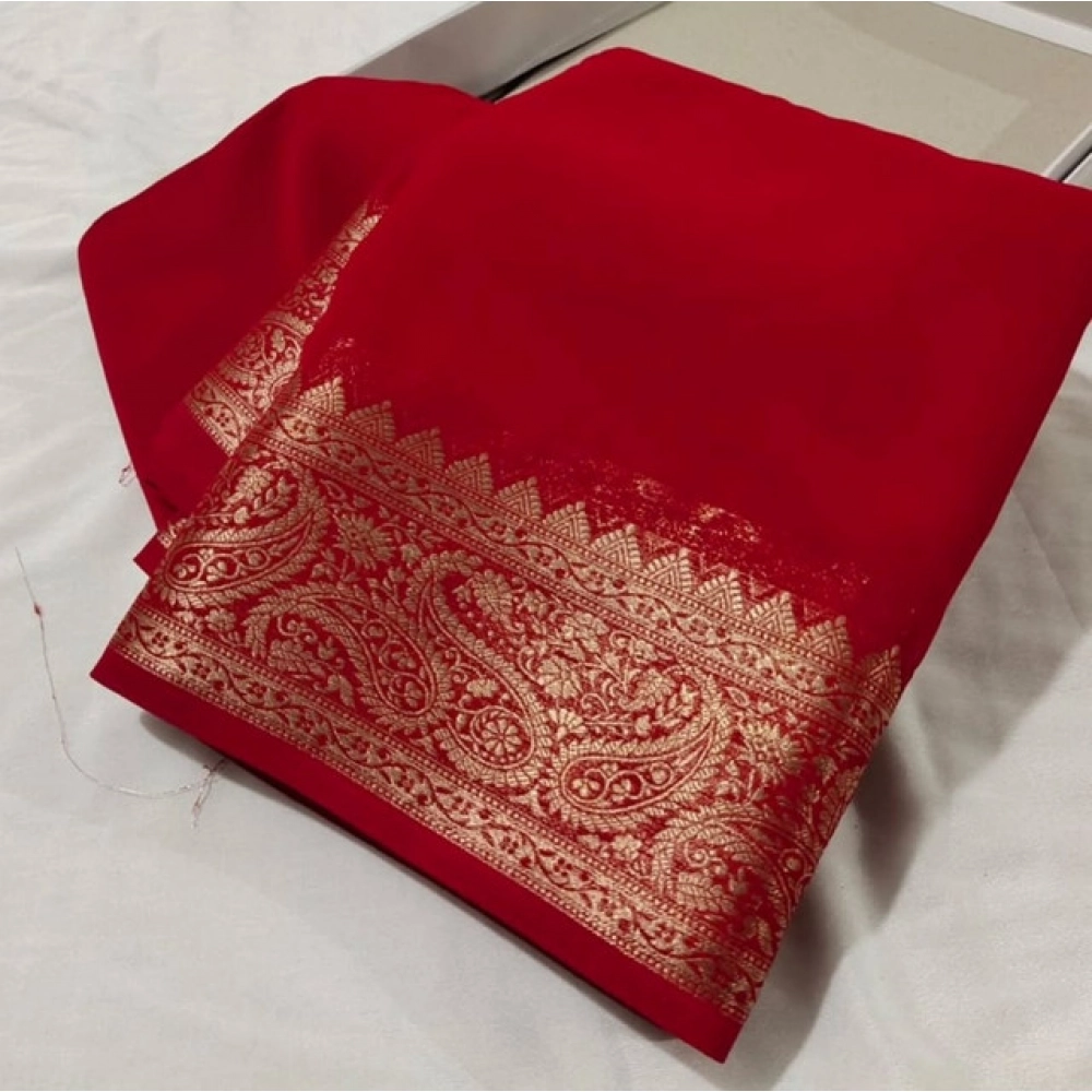 Women's Crepe Chit Pallu Solid Saree With Unstitched Blouse 5.5Mtr?(Red)