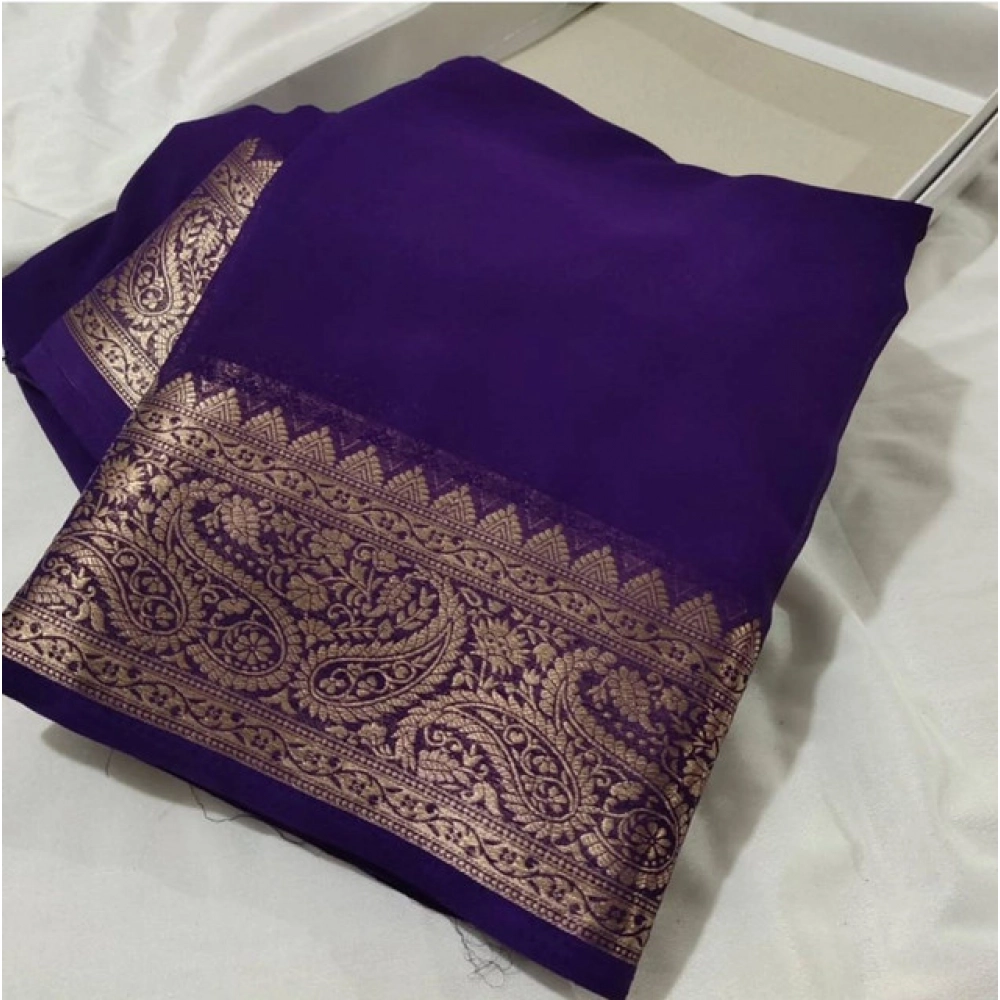 Women's Crepe Chit Pallu Solid Saree With Unstitched Blouse 5.5Mtr?(Purple)