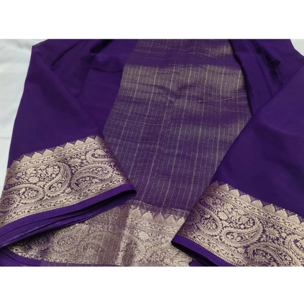 Women's Crepe Chit Pallu Solid Saree With Unstitched Blouse 5.5Mtr?(Purple) - Image 2