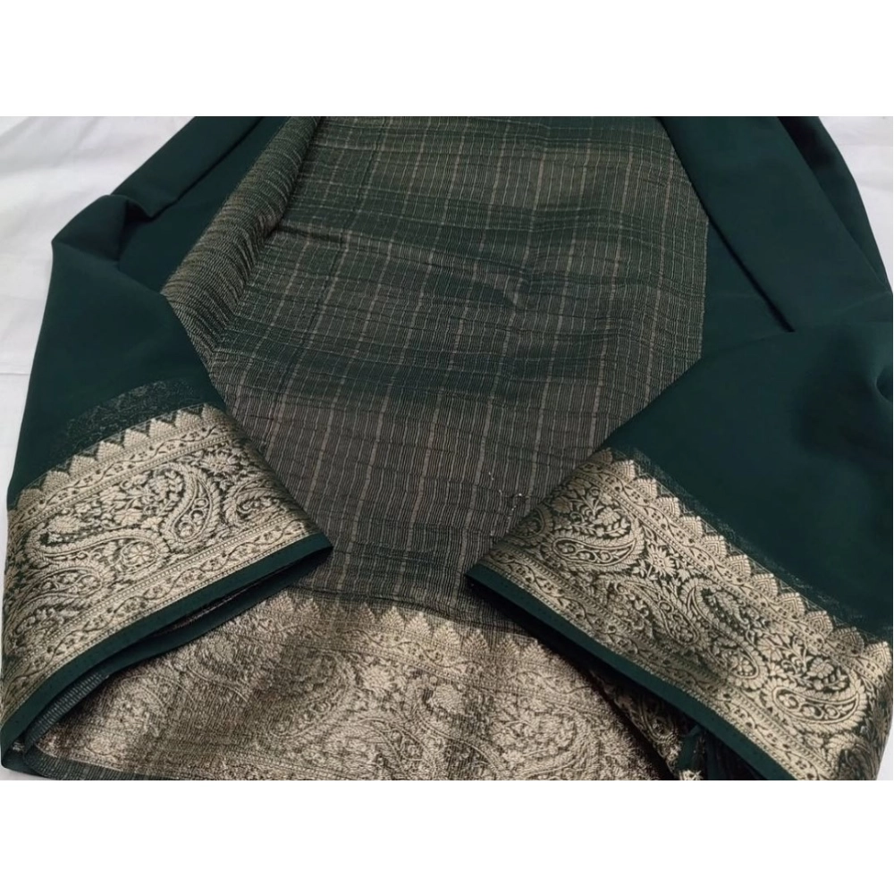 Women's Crepe Chit Pallu Solid Saree With Unstitched Blouse 5.5Mtr?(Bottle Green) - Image 2