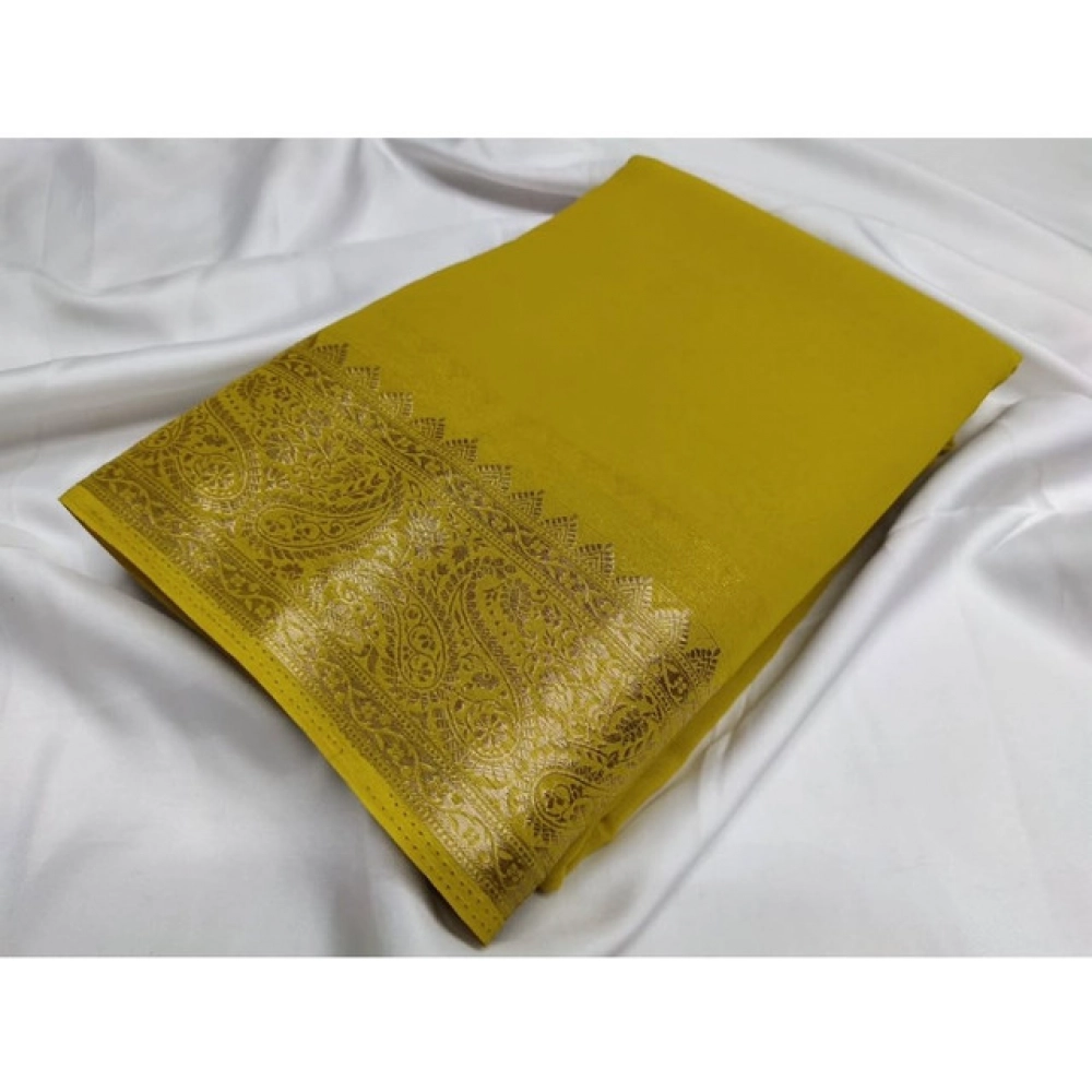 Women's Crepe Chit Pallu Solid Saree With Unstitched Blouse 5.5Mtr?(Mustard Yellow)
