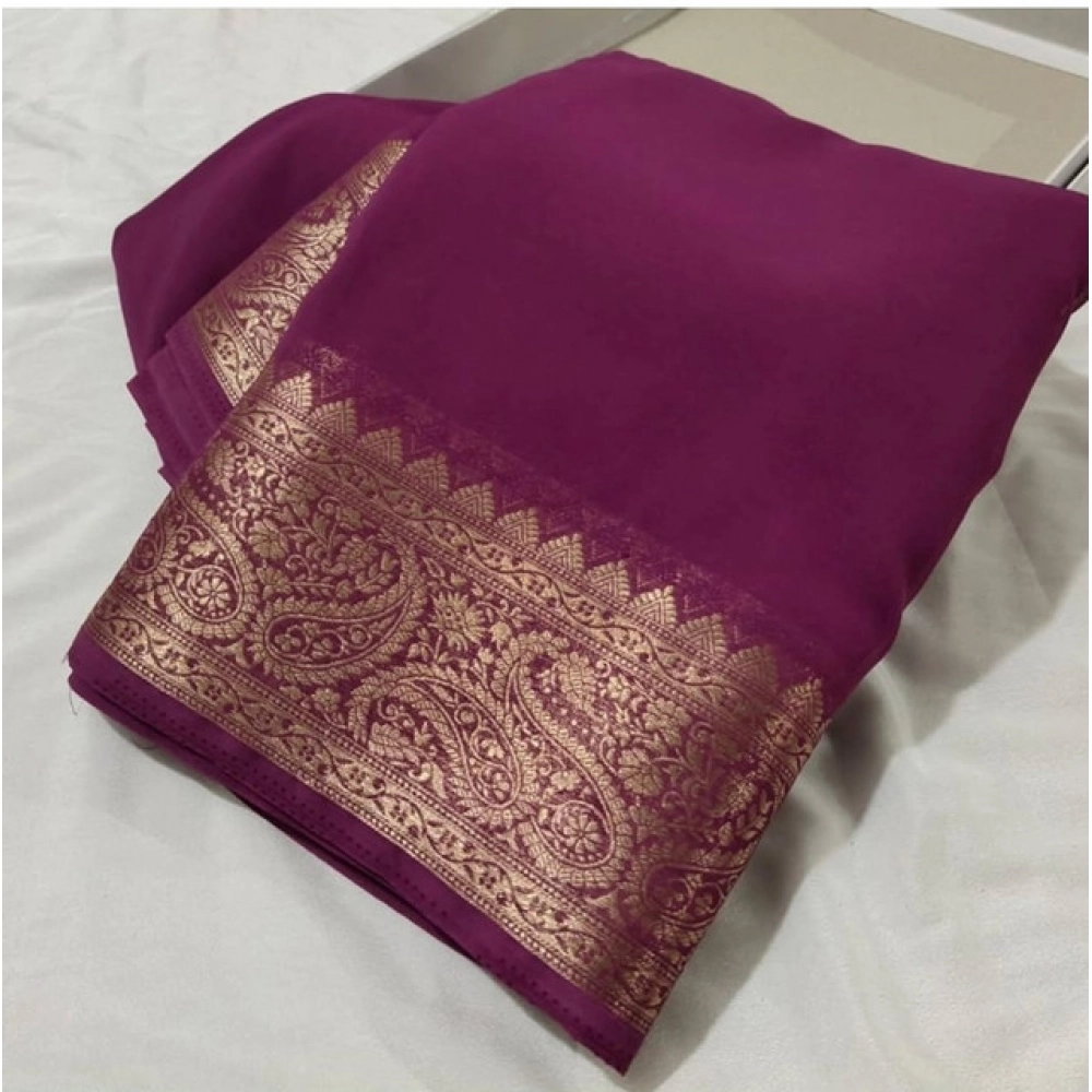 Women's Crepe Chit Pallu Solid Saree With Unstitched Blouse 5.5Mtr?(light purple)