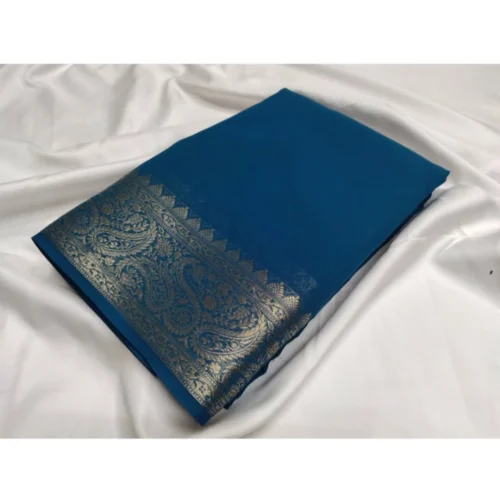 Women's Crepe Chit Pallu Solid Saree With Unstitched Blouse 5.5Mtr?(Sea-Green)