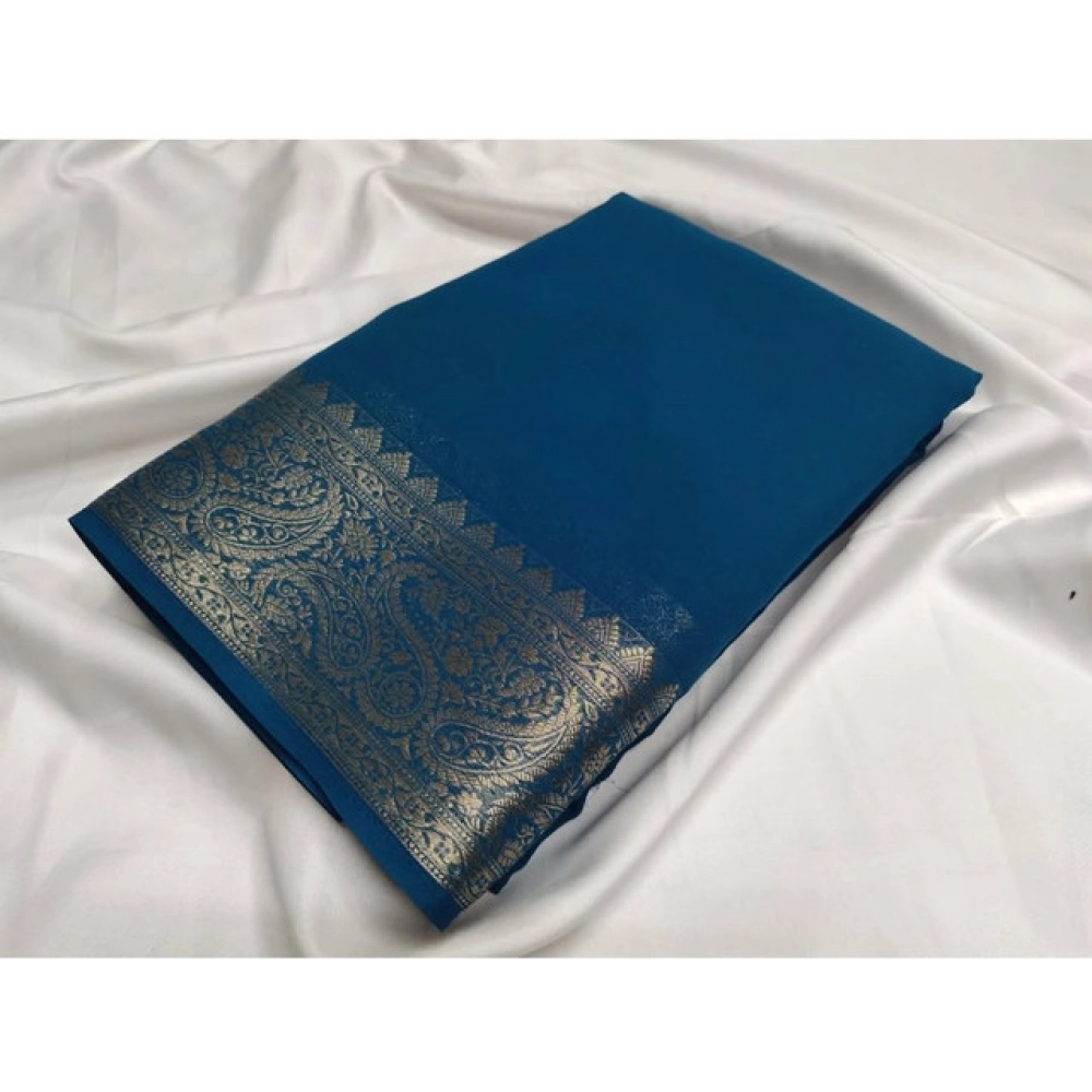 Women's Crepe Chit Pallu Solid Saree With Unstitched Blouse 5.5Mtr?(Sea-Green)