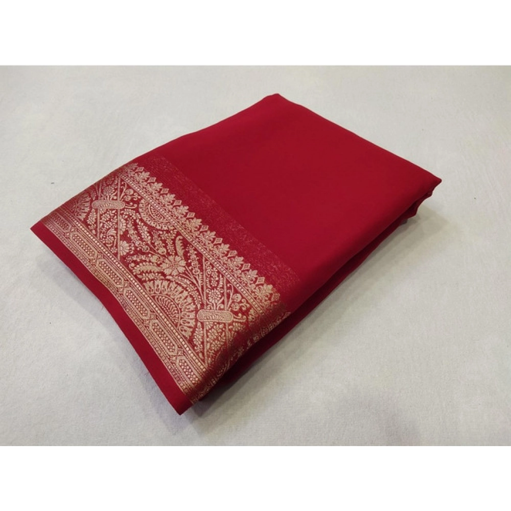 Women's Crepe Chit Pallu Solid Saree With Unstitched Blouse 5.5Mtr?(Red)