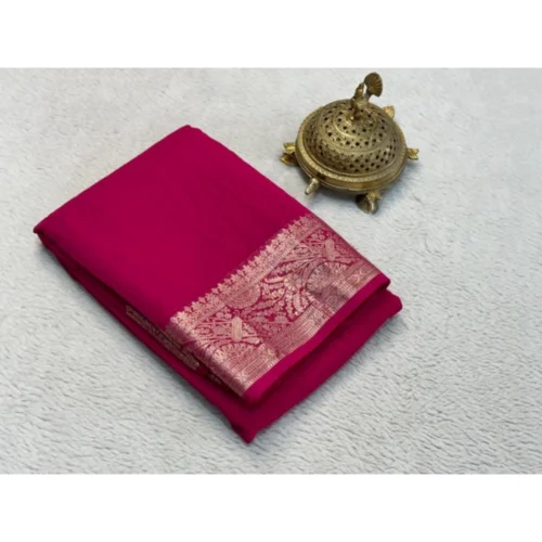 Women's Crepe Chit Pallu Solid Saree With Unstitched Blouse 5.5Mtr?(Pink)