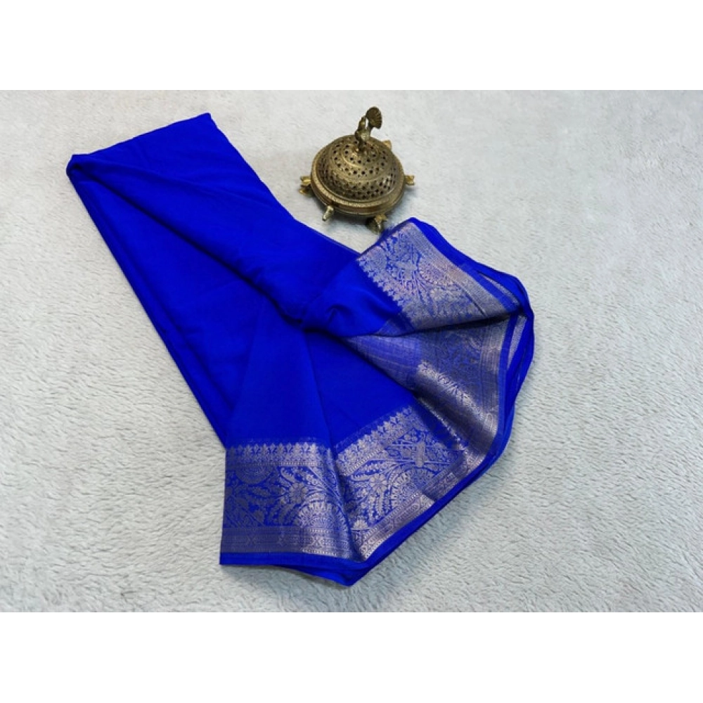 Women's Crepe Chit Pallu Solid Saree With Unstitched Blouse 5.5Mtr?(Navy Blue)