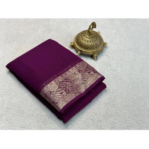Women's Crepe Chit Pallu Solid Saree With Unstitched Blouse 5.5Mtr?(Purple)