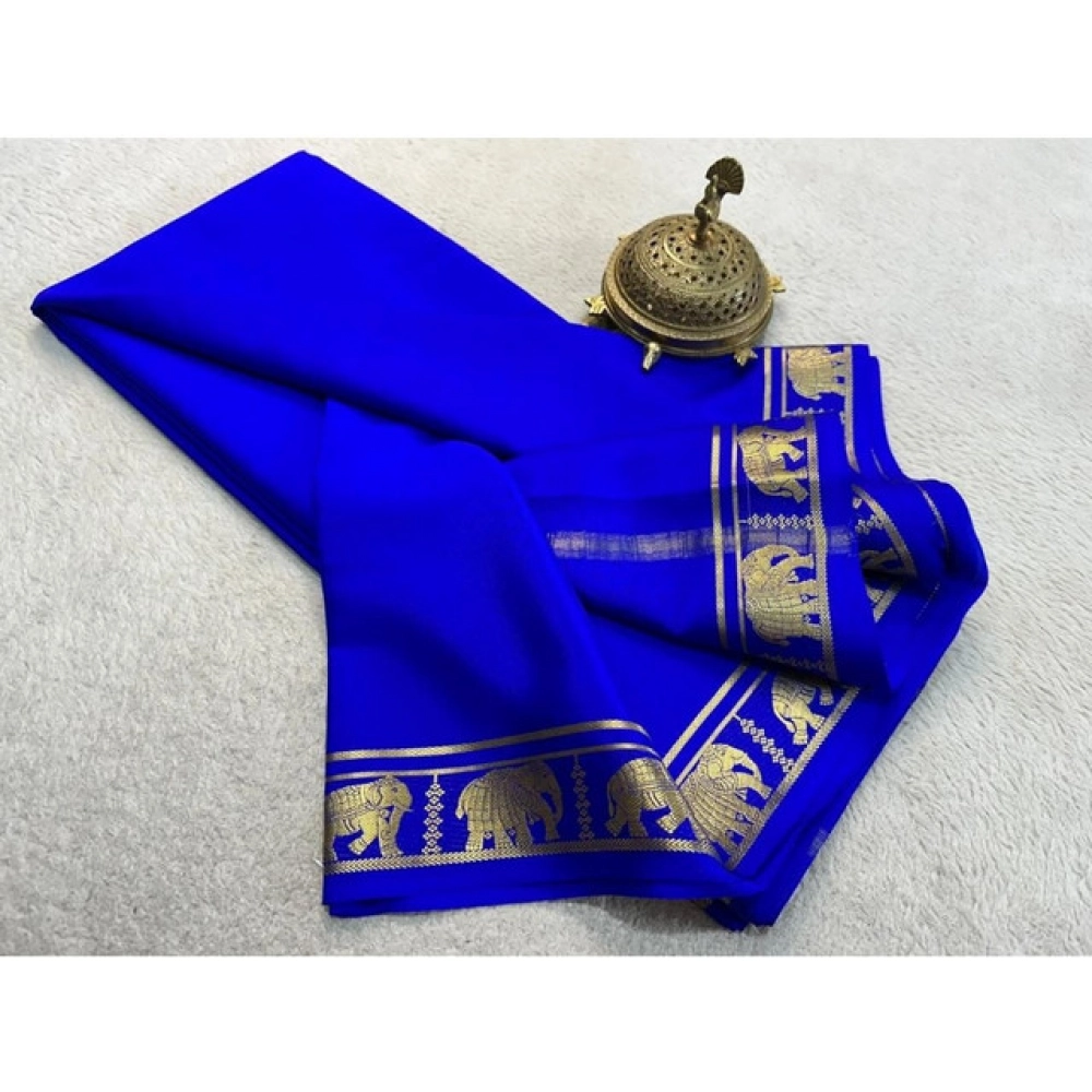 Women's Crepe Chit Pallu Solid Saree With Unstitched Blouse 5.5Mtr?(Navy Blue) - Image 2