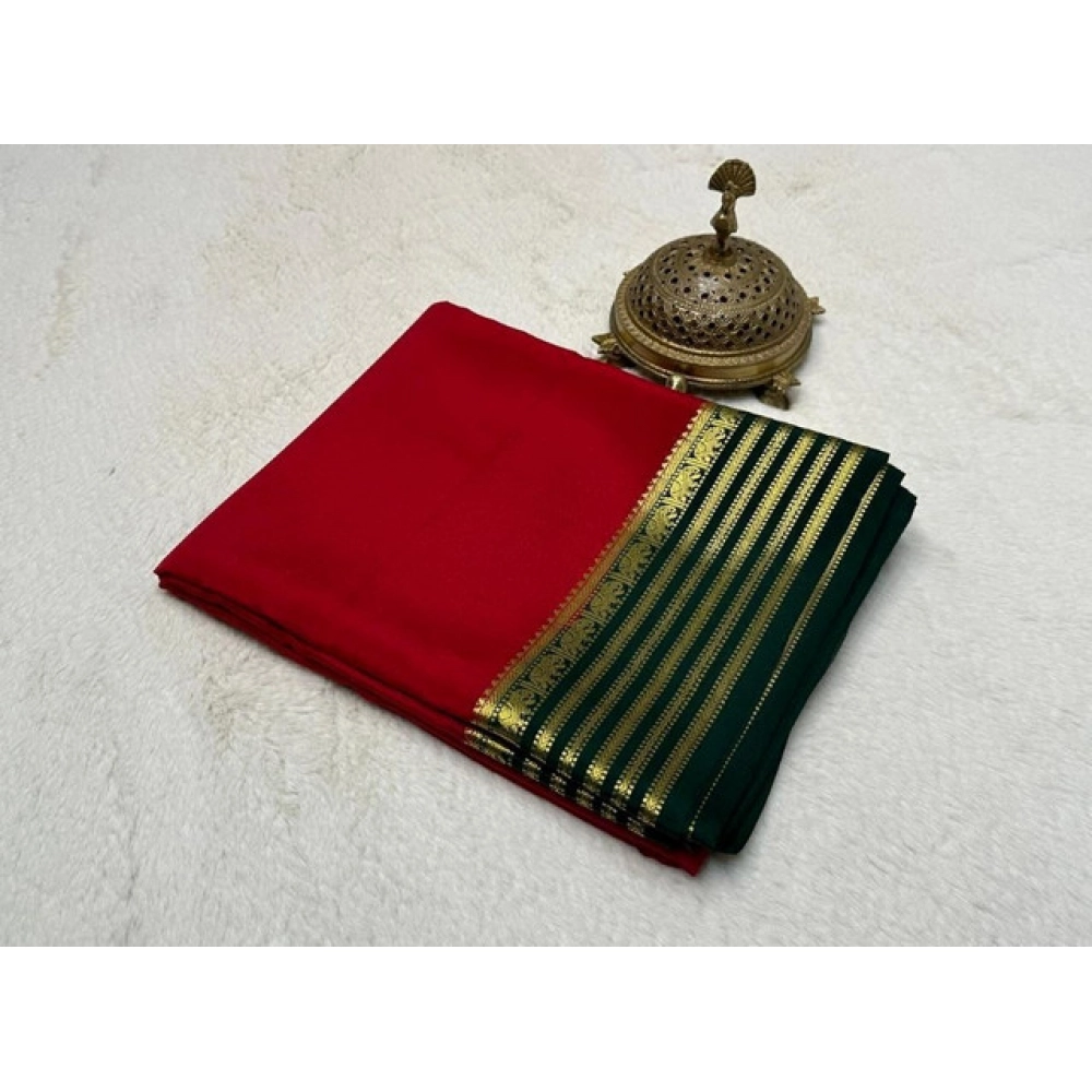 Women's Crepe Chit Pallu Solid Saree With Unstitched Blouse 5.5Mtr?(Red)