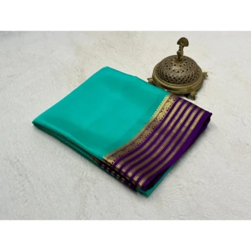 Women's Crepe Chit Pallu Solid Saree With Unstitched Blouse 5.5Mtr?(Sky Blue)