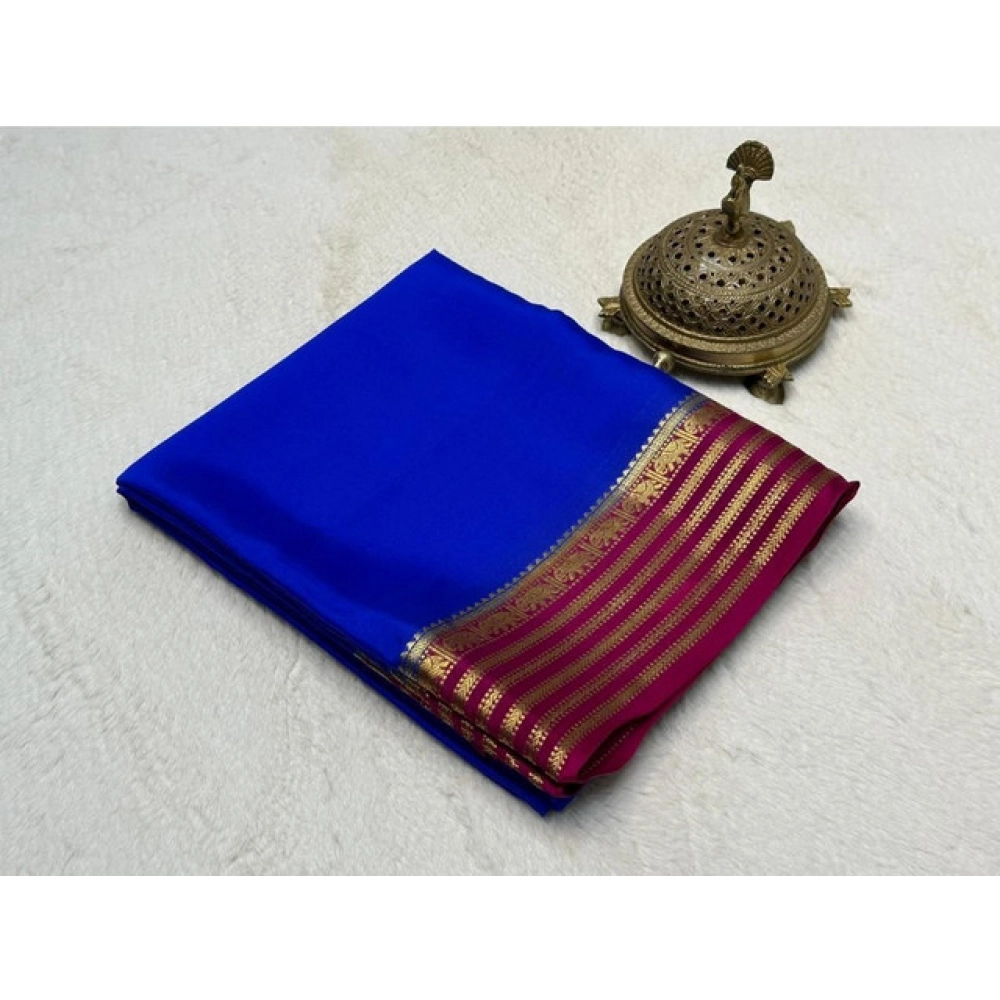 Women's Crepe Chit Pallu Solid Saree With Unstitched Blouse 5.5Mtr?(Navy Blue)