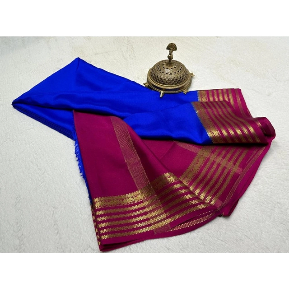 Women's Crepe Chit Pallu Solid Saree With Unstitched Blouse 5.5Mtr?(Navy Blue) - Image 2