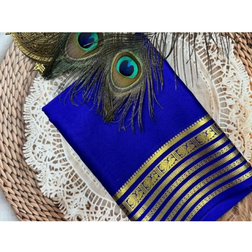 Women's Crepe Chit Pallu Solid Saree With Unstitched Blouse 5.5Mtr?(Blue)