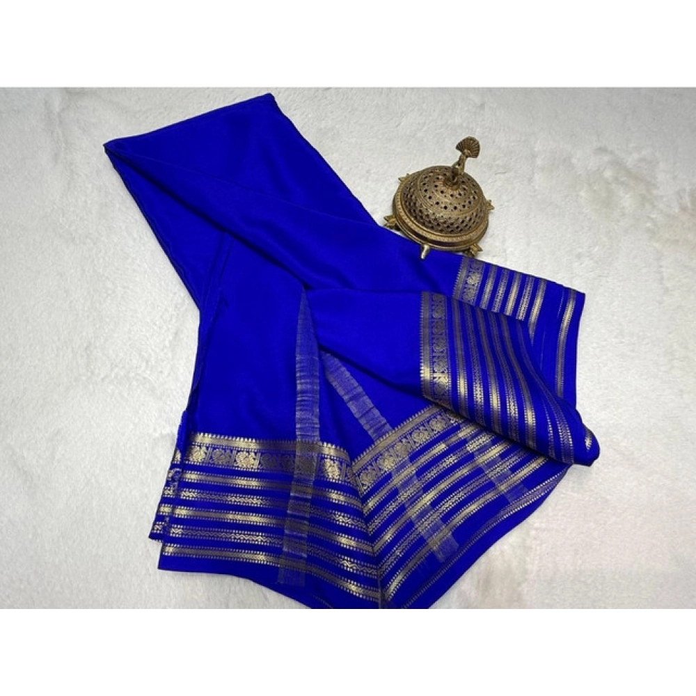 Women's Crepe Chit Pallu Solid Saree With Unstitched Blouse 5.5Mtr?(Blue) - Image 2