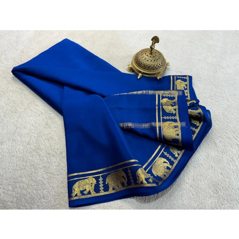 Women's Crepe Chit Pallu Solid Saree With Unstitched Blouse 5.5Mtr?(Navy Blue) - Image 2