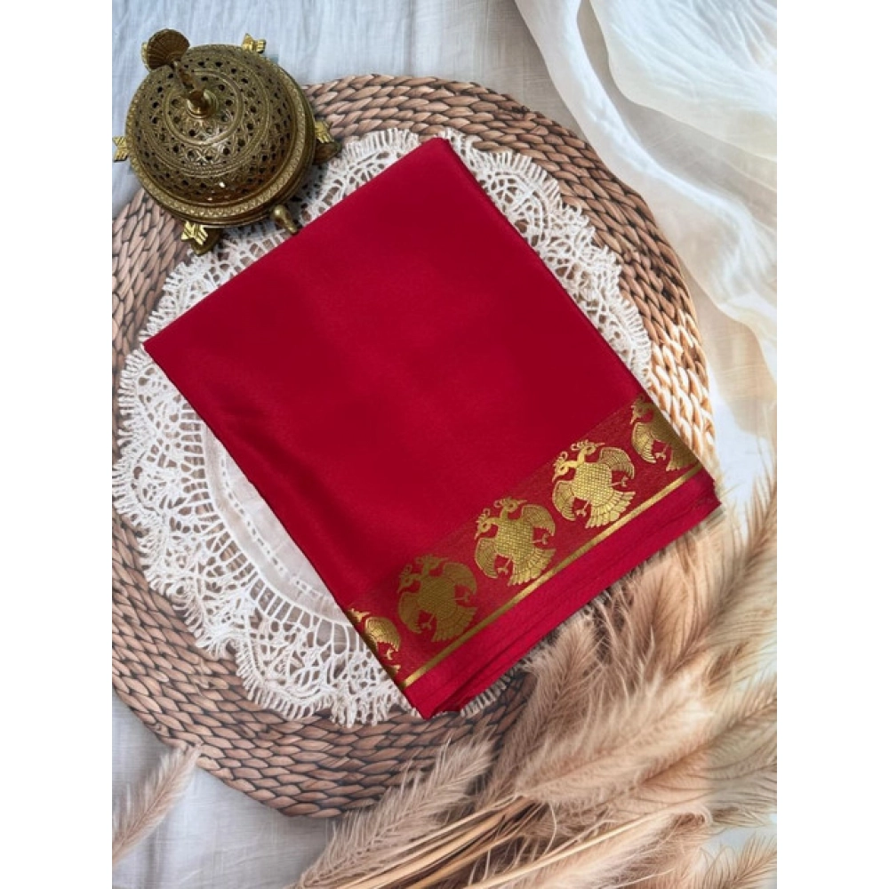 Women's Crepe Chit Pallu Solid Saree With Unstitched Blouse 5.5Mtr?(Red)