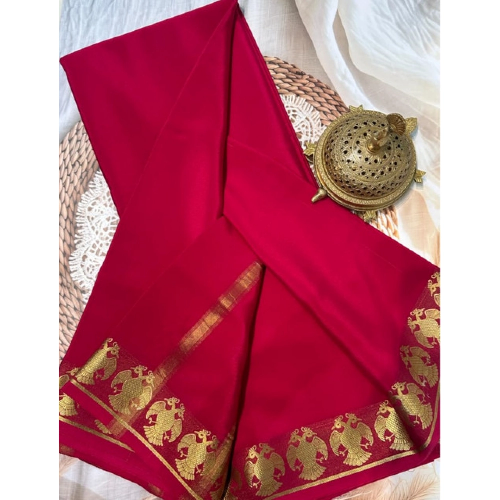 Women's Crepe Chit Pallu Solid Saree With Unstitched Blouse 5.5Mtr?(Red) - Image 2