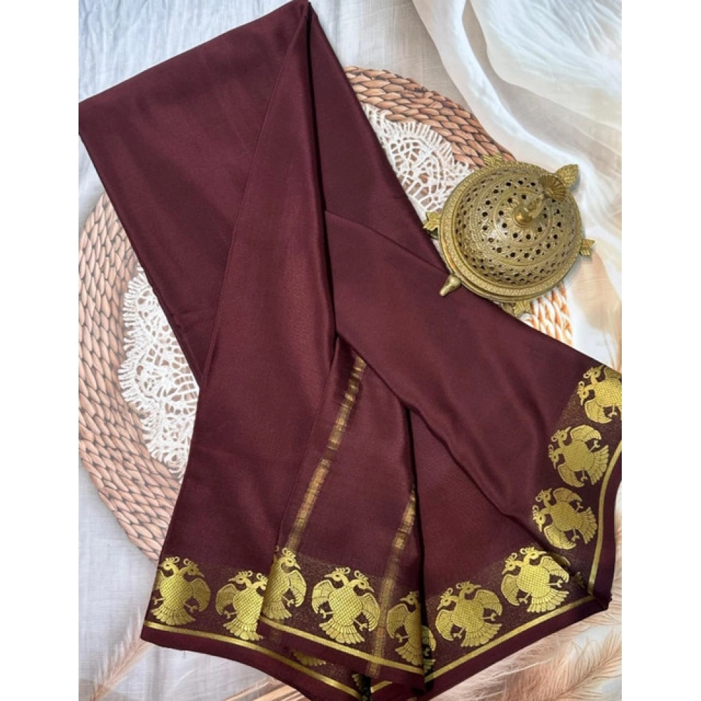 Women's Crepe Chit Pallu Solid Saree With Unstitched Blouse 5.5Mtr?(Brown)