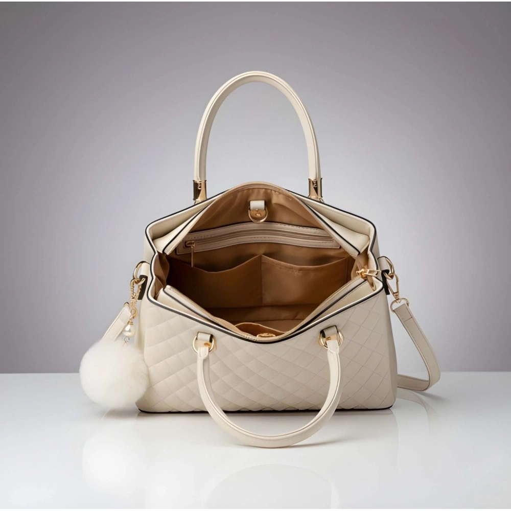 Women's PU Leather Solid Shoulder Zipper Handbag (Cream) - Image 2