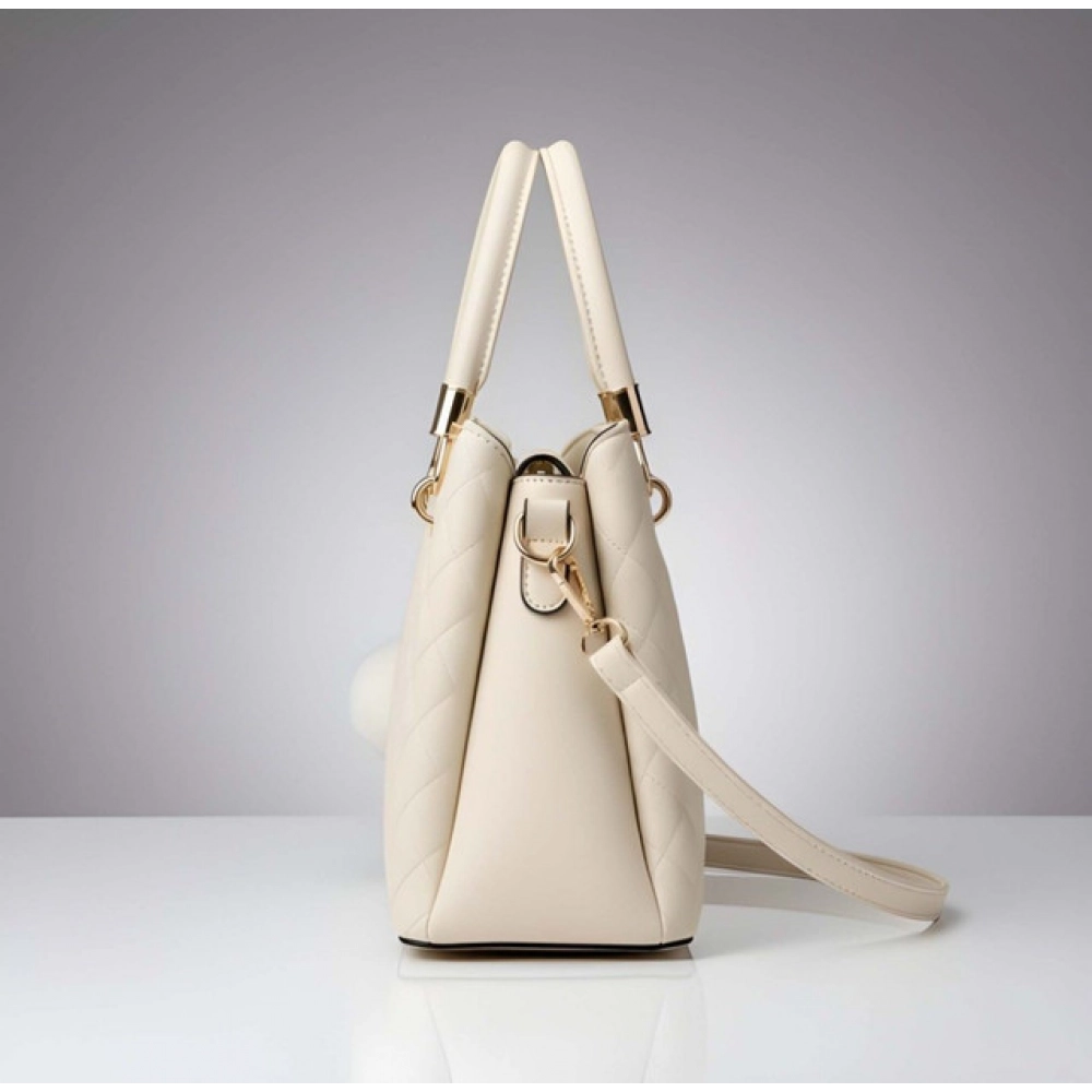 Women's PU Leather Solid Shoulder Zipper Handbag (Cream) - Image 3