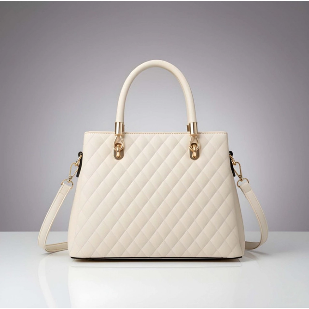Women's PU Leather Solid Shoulder Zipper Handbag (Cream) - Image 4