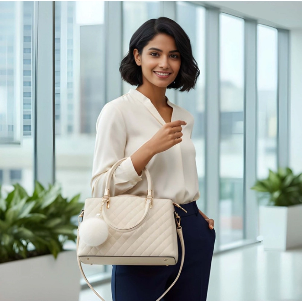 Women's PU Leather Solid Shoulder Zipper Handbag (Cream) - Image 5